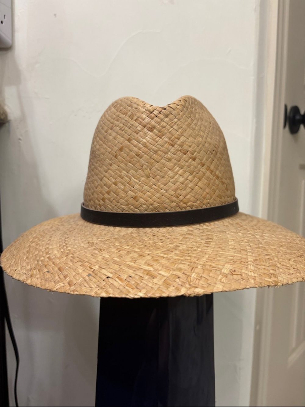 Janessa Leone Natural Straw Wide-Brim Hat with Black Band